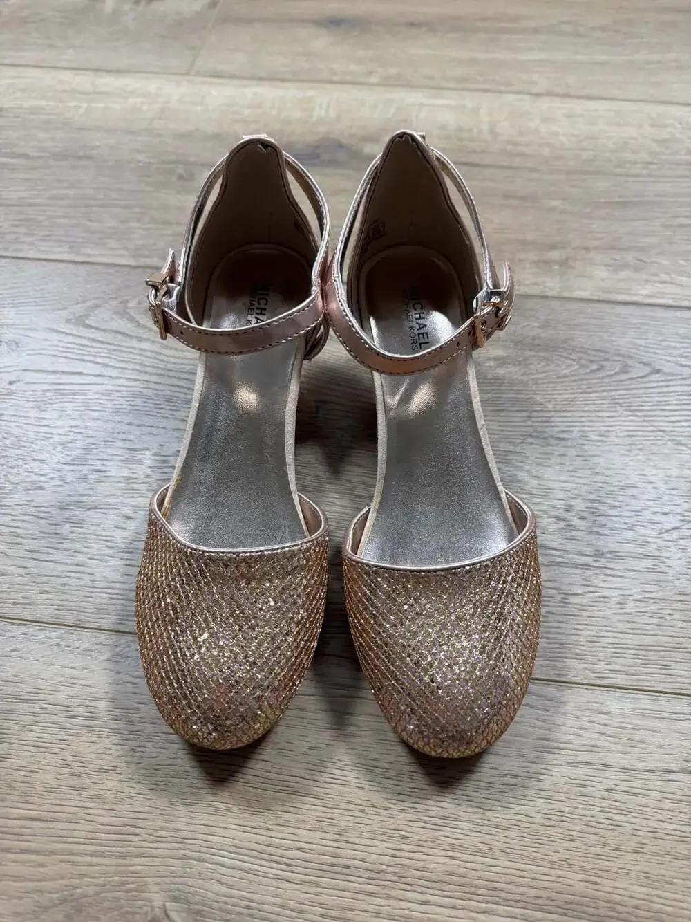 Michael Kors Kids Thessaly Kris Rose Gold Glitter Block Heel Shoes Sz 4